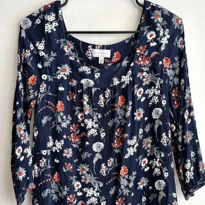 Lucky Brand Navy Floral  Square Neck Bohemian Flowy Lightweight Boho Blouse